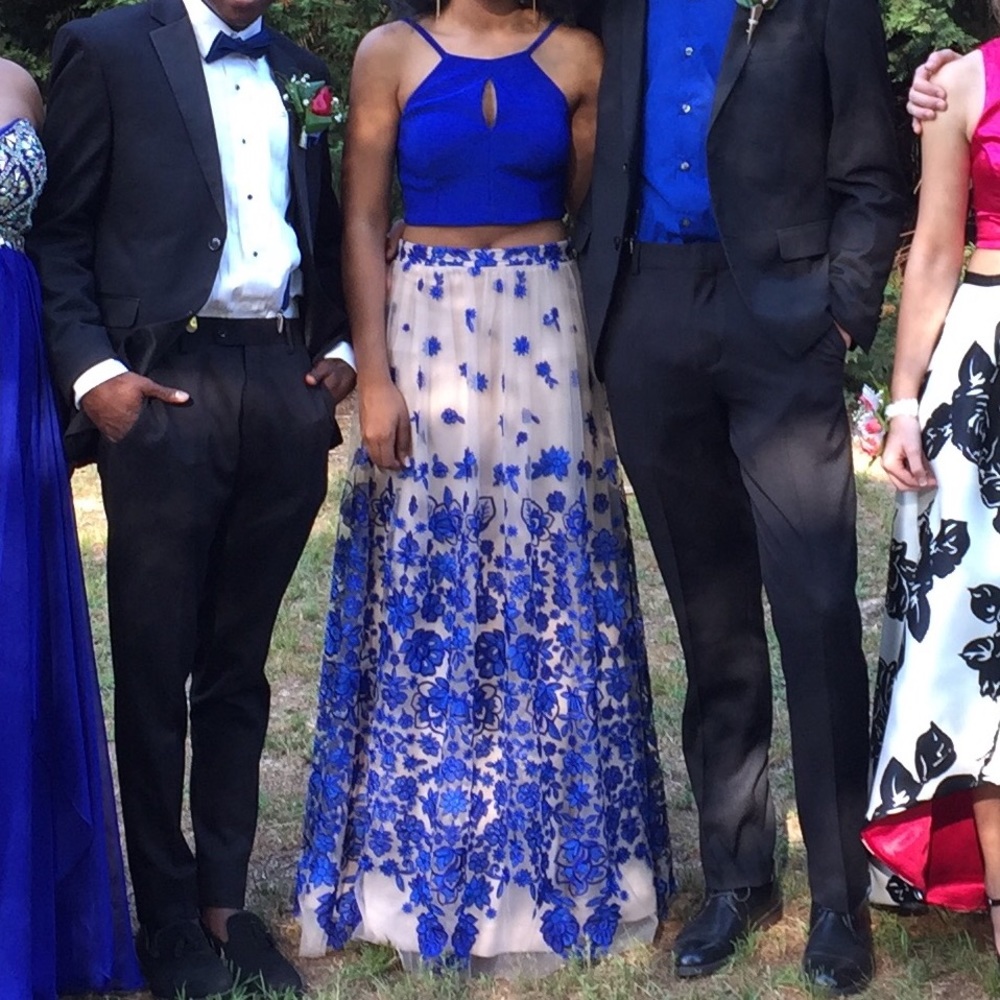 Two Piece Royal Blue Floral Prom/Formal Dress - Picture 2 of 3